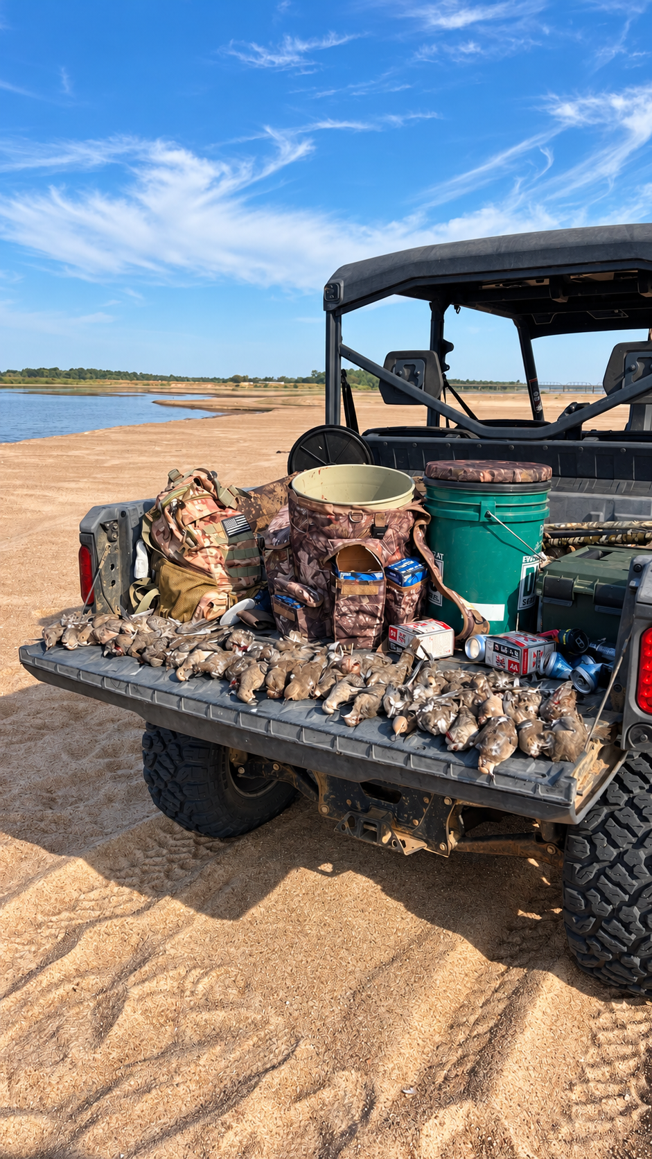 UTV and dove-hunting setup beside a sandy lake